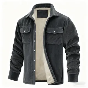 Detailed view of men's charcoal corduroy jacket featuring a thick plush fleece lining