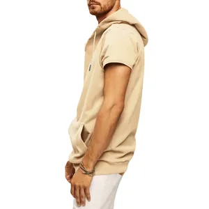 Vue de profil professionnelle du gilet à capuche beige pour hommes à coupe décontractée