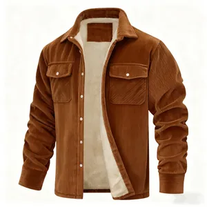 Detailed close-up of men's brown corduroy jacket featuring warm white fleece lining