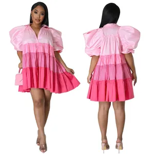 Front and back view of a pink tiered V-neck color-blocked satin puff sleeve mini dress