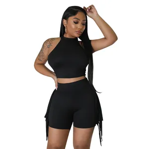 Women's black sleeveless crop top and fringe shorts two-piece casual set outfit
