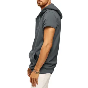 Side view of grey men's sleeveless athletic hoodie with kangaroo pocket