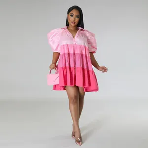 Elegant pink tiered satin dress with puff sleeves and V-neckline