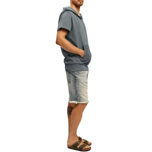 Side view of men's loose casual hooded vest in grey sports style for athletic wear