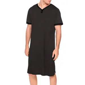 Men's breathable loose short sleeve nightshirt in black, V-neck long sleep tee for lounge.