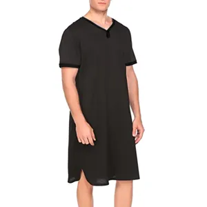 Detailed view of men's loose V-neck short-sleeve long nightgown in dark finish.