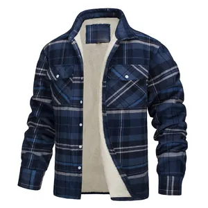Men's blue plaid flannel shirt jacket with warm fleece lining and buttons