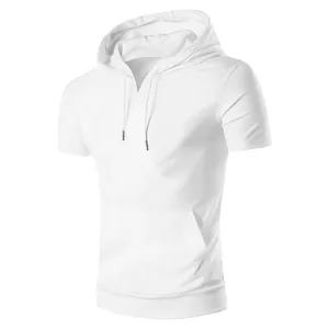 Front view of men's casual white hooded short sleeve sports top with kangaroo pocket