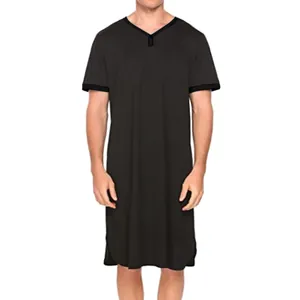 Full view of a black men's long nightgown with short sleeves and a V-neck collar.