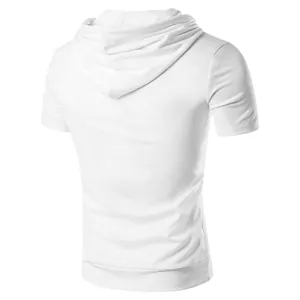 Back view of a white men's short-sleeved hooded sports t-shirt on white background