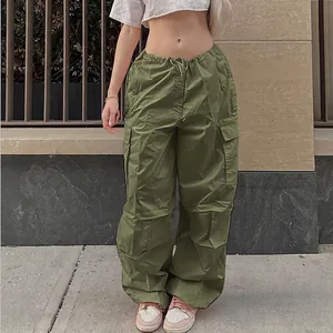 Pantalones cargo para mujer verde oliva con cordón y bolsillos laterales de moda