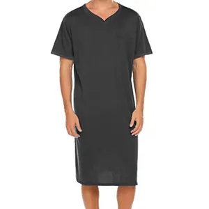 Full-length view of a dark grey men's short-sleeve nightgown with a V-neck design