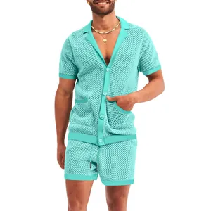 Heren mesh zomersets met korte mouwen revers shirt en shorts in lichtblauw katoen