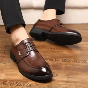 Classic brown leather business formal dress shoes for men with hand-grab texture