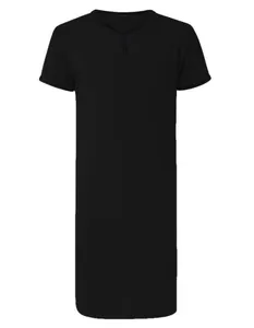 Full front view of a black men's breathable long short-sleeve nightshirt with v-neck detail