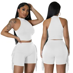 Fashionable white sleeveless crop top and fringe shorts two-piece casual set for women