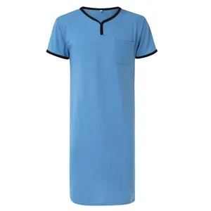 Men's breathable light blue long-line nightshirt with black V-neck and pocket