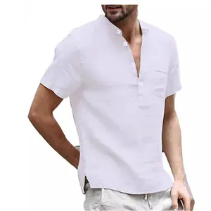 Polo da uomo in stile giapponese in cotone e lino a maniche corte con taschino frontale