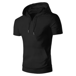 Front view of a black short-sleeved hooded sweatshirt for men with a kangaroo pocket