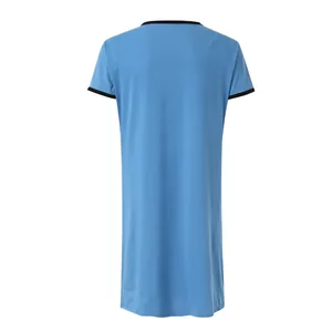 Back view of long minimalist men's loose blue breathable nightgown with black trim decoration