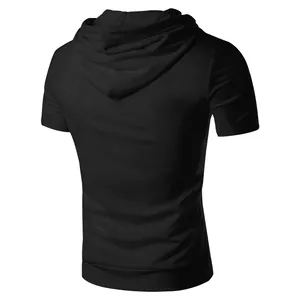 Back view of a slim fit black hooded short sleeve athletic T-shirt for men.
