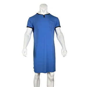 Men's blue knee-length short sleeve nightshirt with chest pocket and black contrast trim