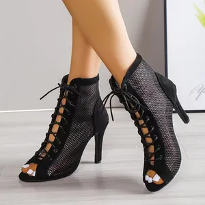 Bottines à lacets en maille noire pour femmes avec talons aiguilles élégants et peep-toe