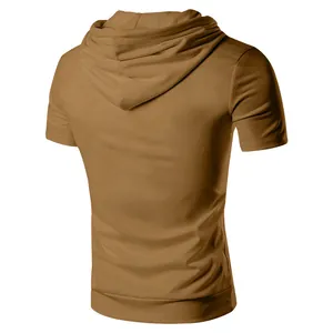Detailed back view of a khaki men's short sleeve athletic hoodie in a slim fit design.