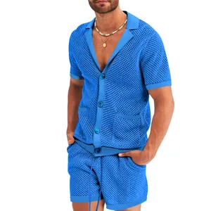 Heren set van blauwe mesh stof met korte mouwen overhemd en shorts voor de warme zomer