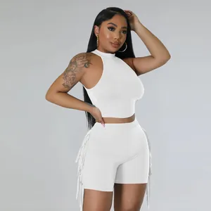Stylish white sleeveless round neck crop top and fringe shorts two-piece casual set