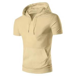 Side view detail of a men's casual short sleeve hoodie with kangaroo pocket in light beige color