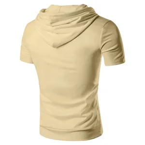 Detail view of the back of a men's light beige short-sleeved hooded t-shirt for casual wear.