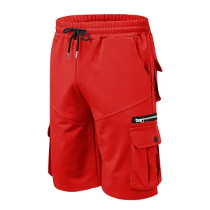 Close-up of men's red cargo shorts featuring multi-pockets and adjustable drawstring waist