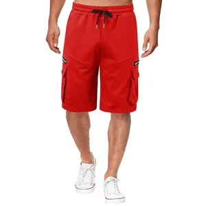 Men's bright red cargo shorts with multi-pockets and drawstring waist detail