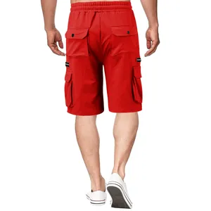 Rear view of vibrant red men's multi-pocket cargo shorts featuring elastic waist detail