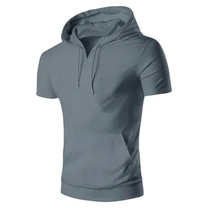 Detailed view of men's greyish blue short sleeve hooded sweatshirt with front pocket