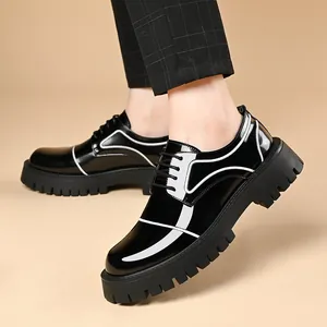 Men's British style patent leather shoes with thick lug sole and white trim accents