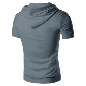 Back view detail of grey men's sports hooded t-shirt showing hood and fabric texture