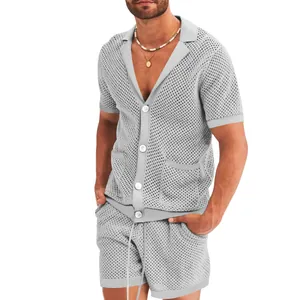 Ανδρικό καλοκαιρινό σετ casual με πλεκτό κοντομάνικο πουκάμισο και σορτς σε γκρι χρώμα