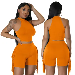 Orange sleeveless round neck crop top and fringe shorts two-piece set front and back view