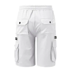 Detailed back view of white men's cargo shorts featuring multi-pocket design and elastic waist
