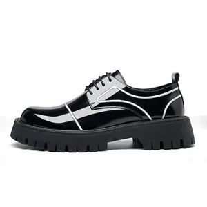 Classic black patent leather platform shoes for men with white stripe detail