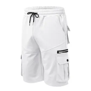 White cotton cargo shorts featuring multi-pocket design and drawstring waist details