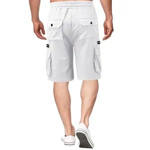 Back view of men's white cargo shorts with multi-pockets and relaxed fit