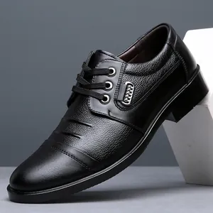 Side view of black genuine leather men's dress shoes with classic cap toe and lace-up