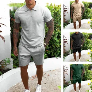 Set Due Pezzi Uomo Estivo Casual Top And Bottom Polo a Manica Corta Con Mezza Zip e Pantaloncini Aderenti Sportivi