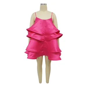 Front view of vibrant fuchsia satin tiered camisole dress displayed on a mannequin