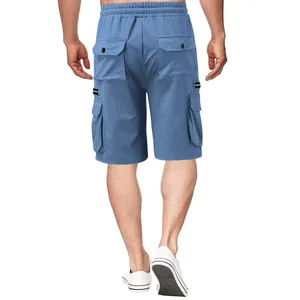 Back view of blue men's cargo shorts with multi-pockets and elastic drawstring waist