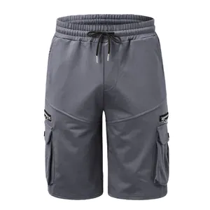 Detailed front view of grey men's cargo shorts with drawstring waist and zip pockets
