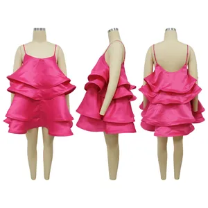 Full view of the three-layered hot pink satin mini dress showing front, side and back